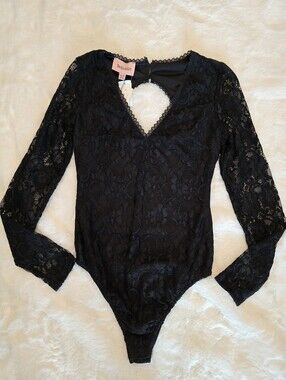 Bohemian Sheer Black Lace Long-Sleeve V-Neck Bodysuit (NWT)